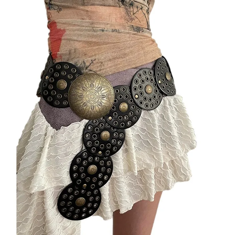 Western Cowboy Wide Golden Rivet Steampunk Circles PU Leather Waistband Vintage Large Round Buckle Waist Belt Girdle For Women