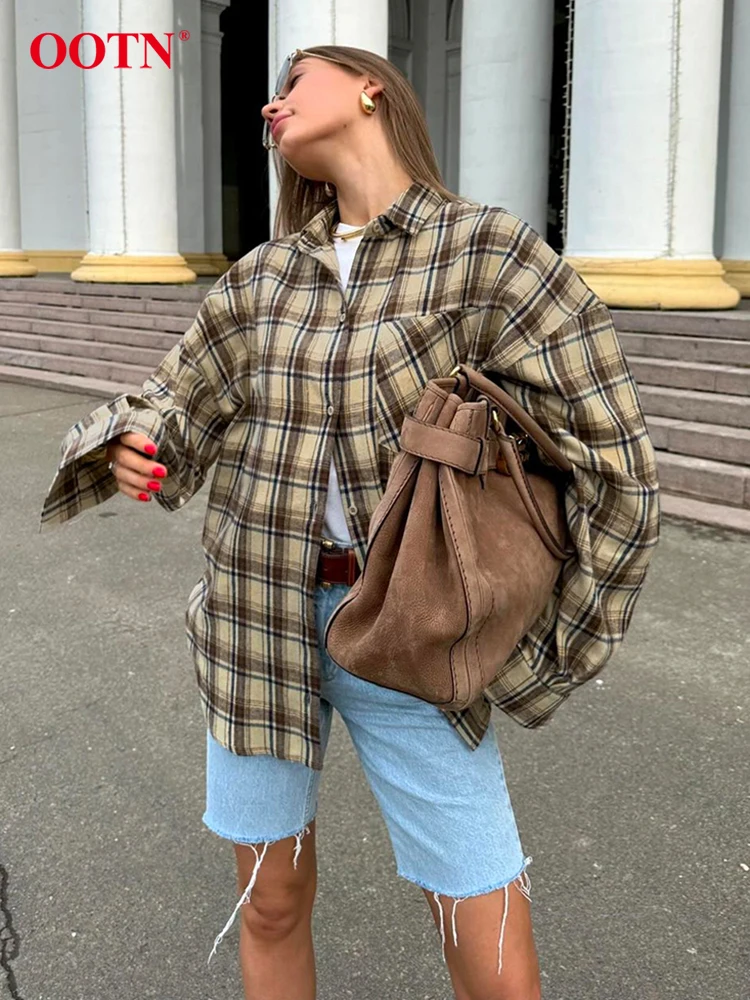 OOTN Autumn Loose Plaid Shirts Blouses Female Fashion Long Sleeve Pockets Blouses Casual Thin Single Brasted Shirts Women 2024