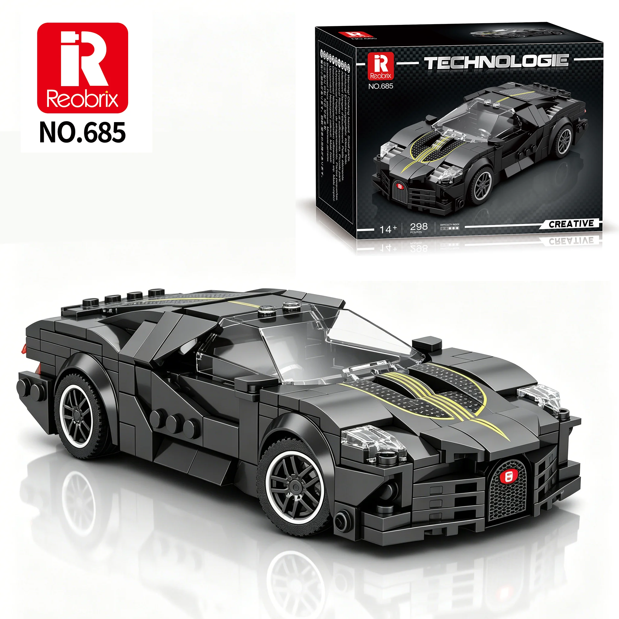

Набор строительных блоков Reobrix Black Supercar, модель автомобиля Bugatti La Voiture Noire, коллекционная игрушка для детей и взрослых, идеальный подарок