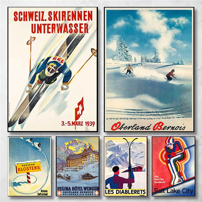 Vintage Ski Art Poster Mountain Snow Switzerland Bernese Oberland Canvas Painting Wall Prints Picture for Living Room Home Decor