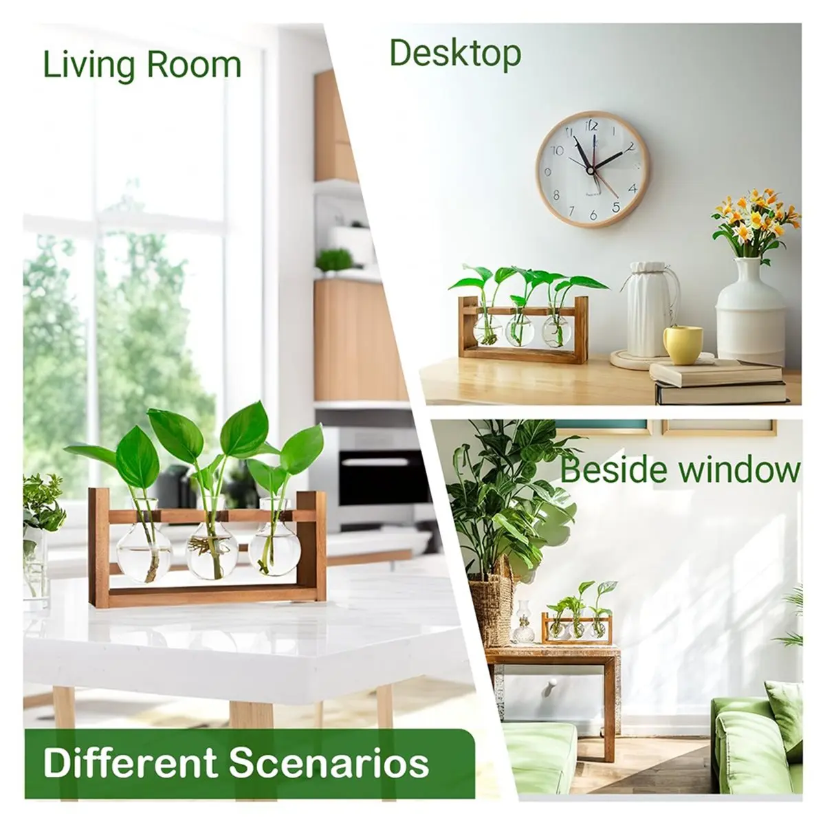 A10R Glass Plant Terrarium 3 Bulbs Propagation Station with Wood Stand Indoor Garden Planter, Hydroponic Vase & Desktop Decor