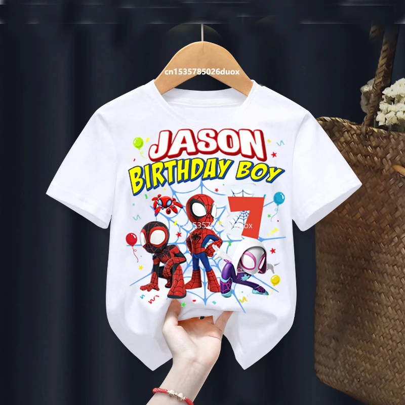 Camiseta de manga corta de Spidey y sus amigos increíbles para cumpleaños, camisa de Spiderman, nombre personalizado, Verano