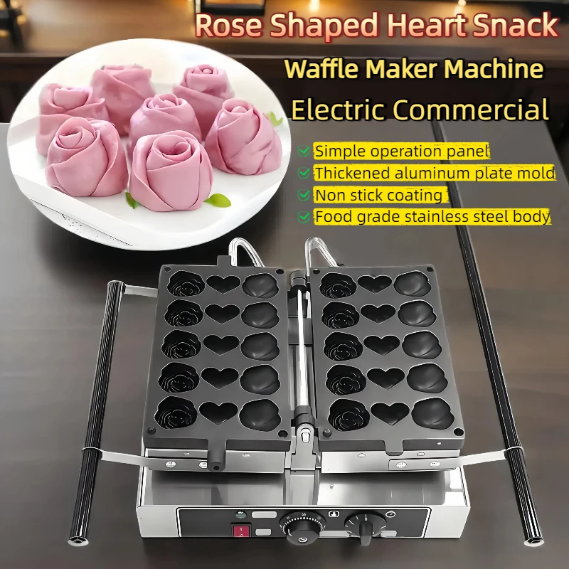 

Rose Shaped Heart Waffle Maker Machine High Productivity Commercial Electric Cast Aluminium Non-Stick Heavy Duty 1600W Egg Puff