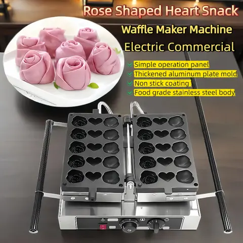 Rose Shaped Heart Waffle Maker Machine High Productivity Commercial Electric Cast Aluminium Non-Stick Heavy Duty 1600W Egg Puff