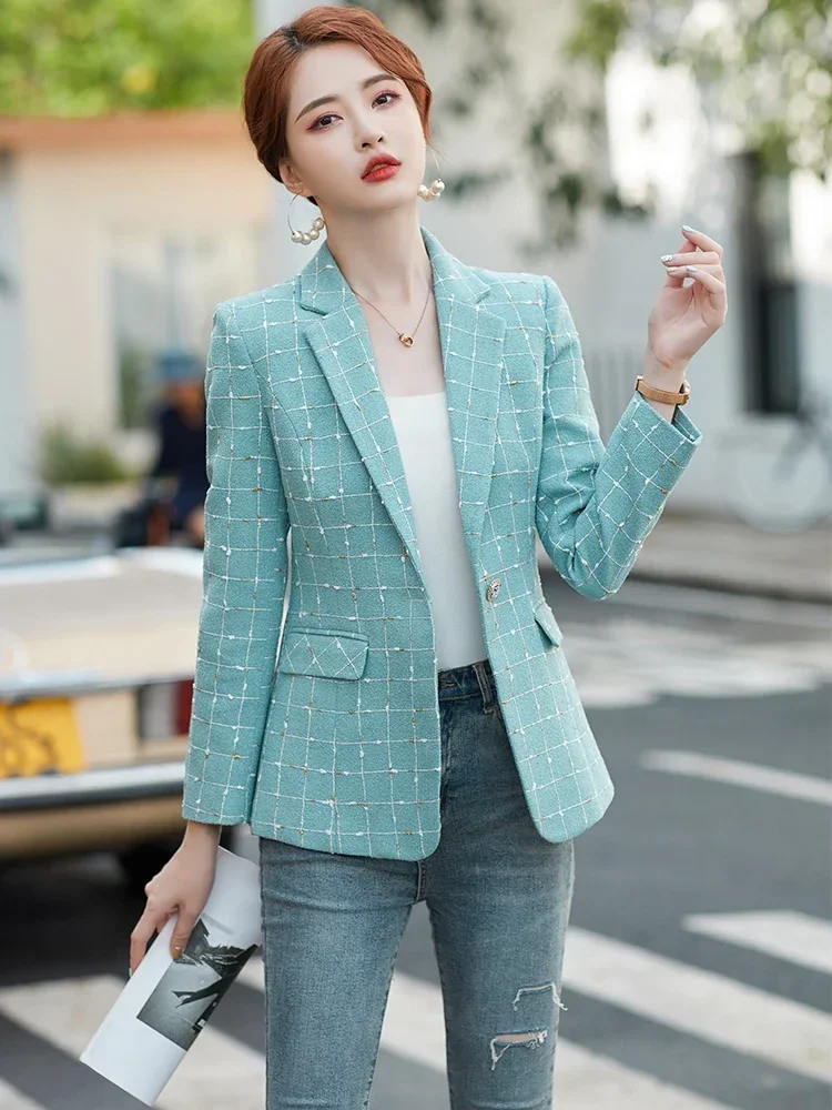 Jaqueta casual de blazer xadrez feminina, casaco fino feminino, manga comprida, botão único, azul, branco, novo, inverno, 2023