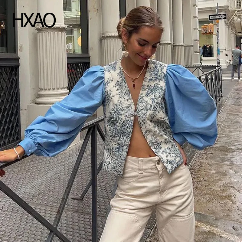 

HXAO Women Print Blouse Patchwork V Neck Long Sleeve Top Vintage Crop Tops Female Shirt Ladies Tops Summer Casual Shirts 2024