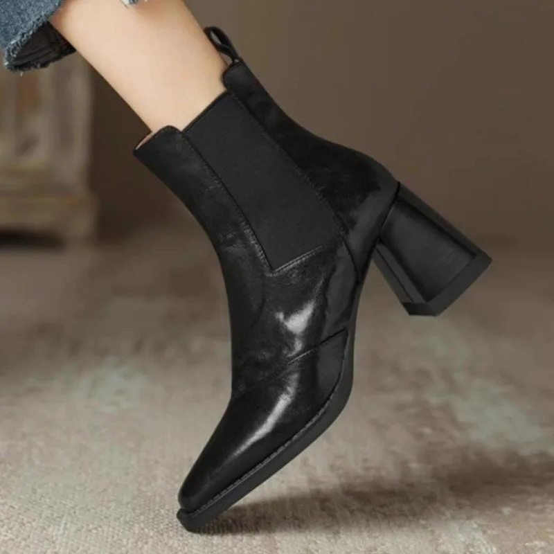 Women's New Autumn/Winter Square Headed Genuine Leather Sheepskin Elastic High Heels, Extra Large Calf Chelsea Short Boots