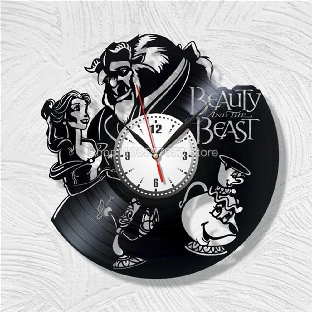 Beauty and The Beast Wall Clock Cartoon Anime Black Vinyl Record Wall Clocks Creative Wall Home Decor 12inch