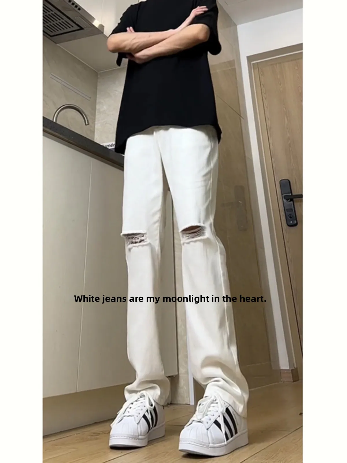 

White Distred Flared Jeans Men's Summer Cleanfit Premium Straight Leg American High Street Vibe Trousers Youth Faion