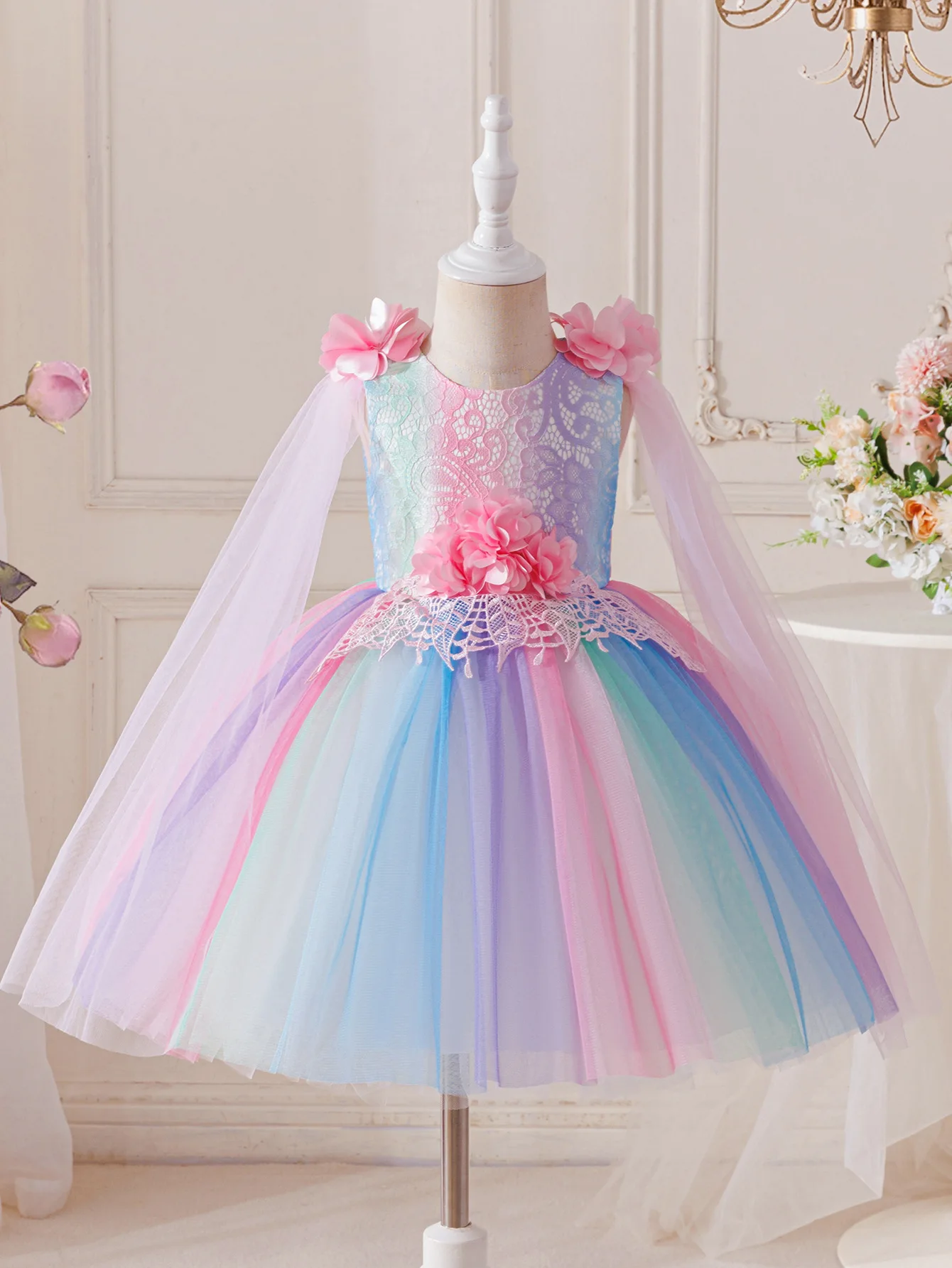 HETISO Elegant Girls Gradient Dresses Rainbow Tulle Kids Bridesmaids Party Princess Prom Gown for 3-10 Years