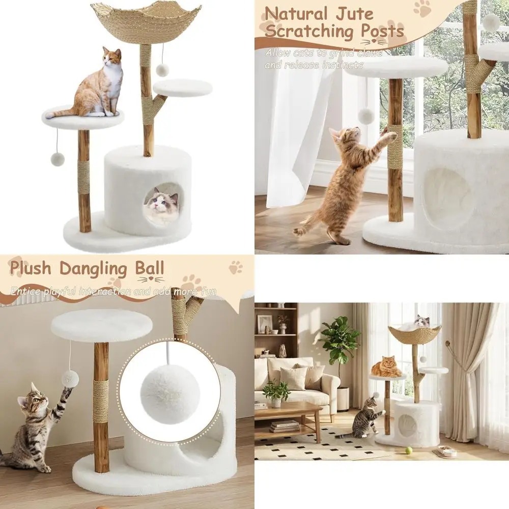 

Large Cat Tree with Bed, Basket, and Condo - Premium Wooden Scratching Post for Pet Climbing and Resting