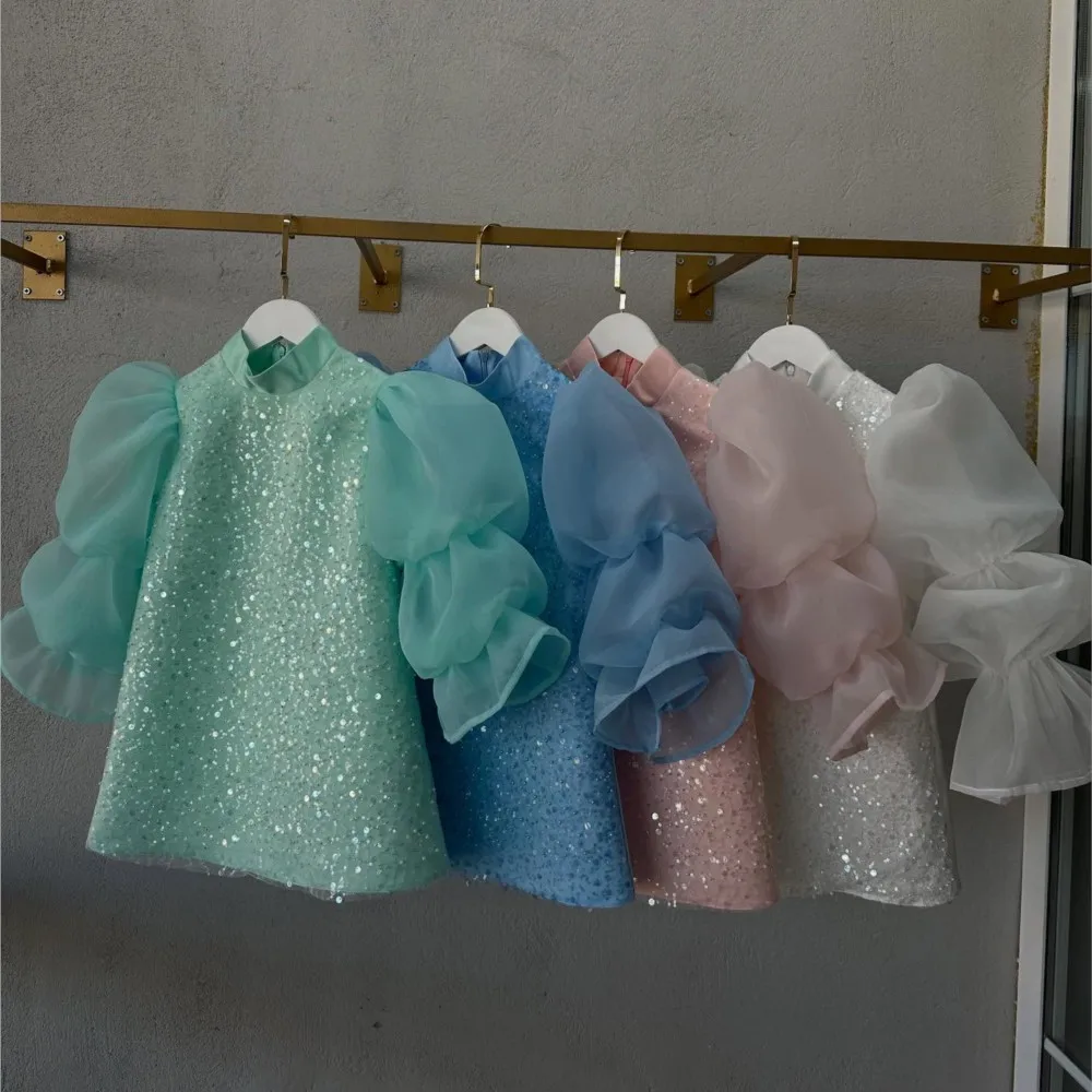 

2026New Glamorous Sequin Toddler Girl Dress Puff Sleeve Sparkle Party Gown for Wedding Birthday Special Occasion in Multi Colors