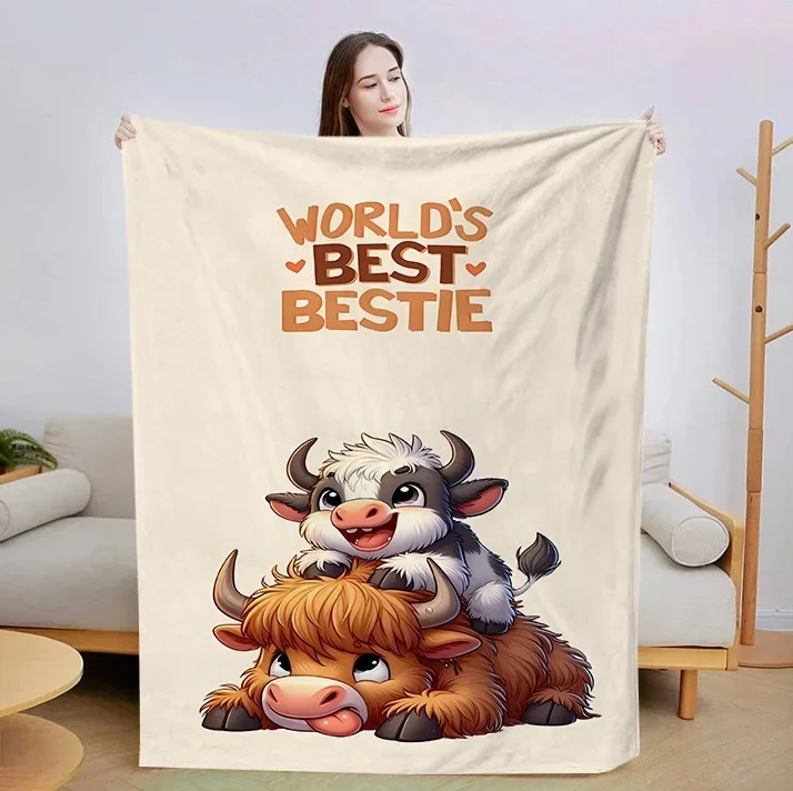 Funny Highland Cow Blanket Cute Bestie Letter Slogan Pattern Warm Throw For Luxury Living Room Sofa Bed Couch Home Decoration