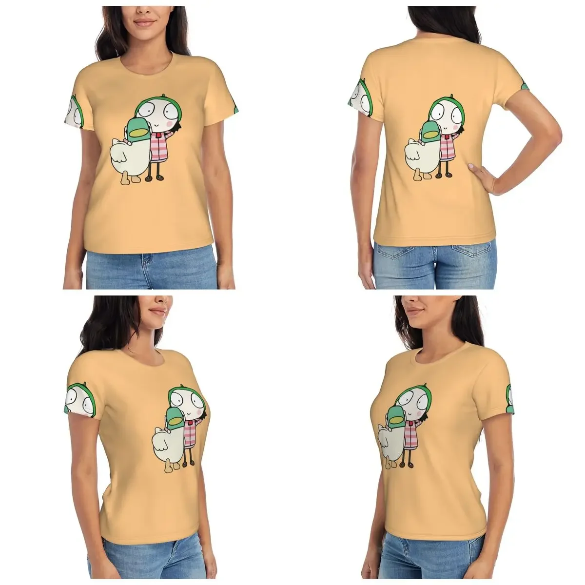 Sarah And Duck Having Fun T-Shirt Women Short Sleeve T Shirts Round Neck Clothes Cotton Summer Tees Streetwear