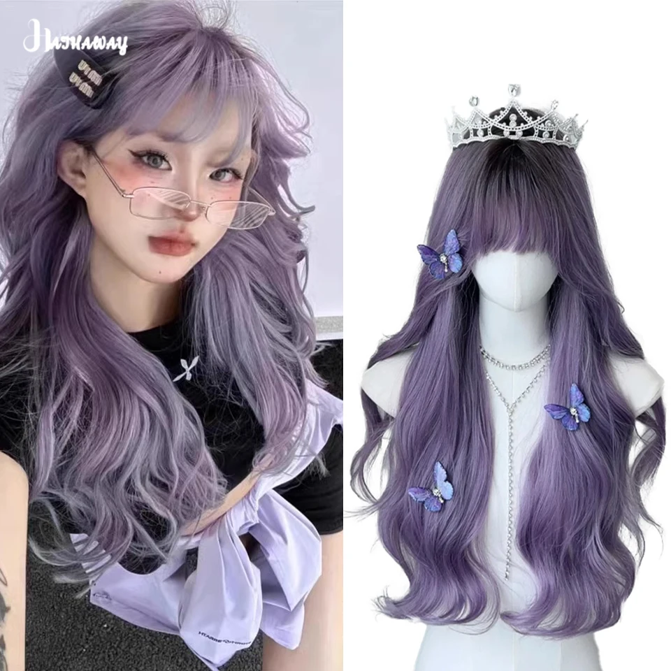 26 Inch Purple Wig Female Synthetic Long Hair Full-head Paris Painting And Dyeing Gradient Long Curly Hair Wig Party Daily Wear