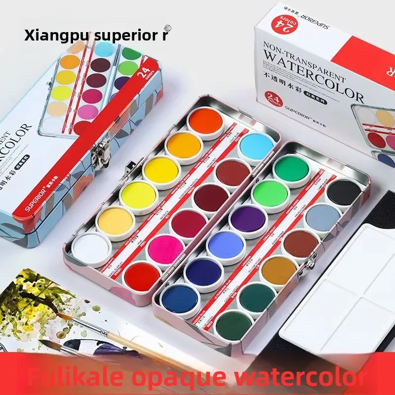 24 Color Solid Opaque Watercolor Paint Set with Magnetic Metal Tin Box, Semi Dry Watercolor Pans for Illustration, Sketching