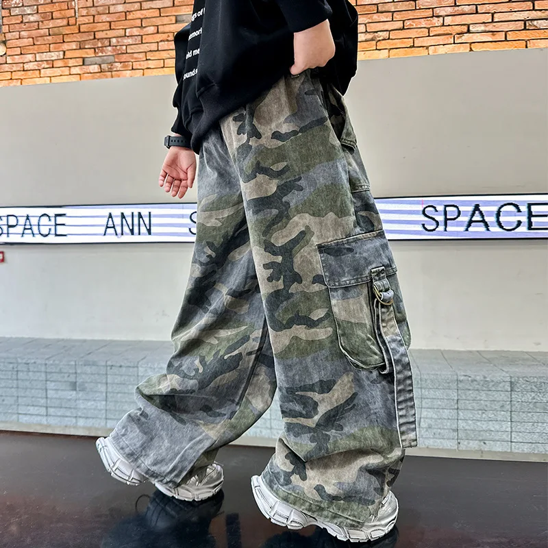 New Autumn Kids Stylish Multi-Pocket Camouflage Cargo Pants for Teenager Boy Loose Casual Harajuku Hip Hop y2k Trousers 5-14 T