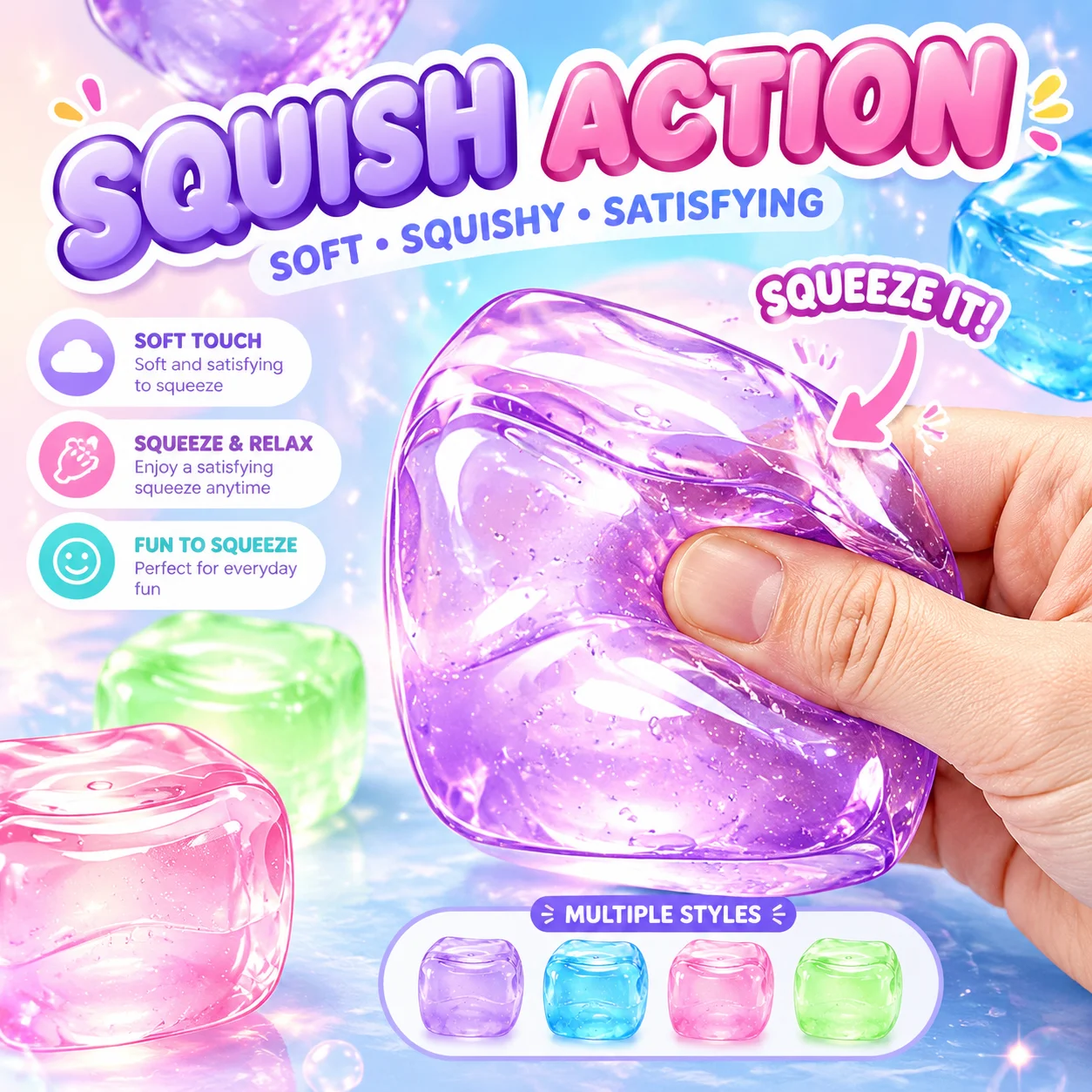 Ice Cube Squishy Toy Non Sticky High Transparency Ice Feeling Malt Sugar Cube Stress Relief Squeeze Toy Manufacturer Fidget Toy