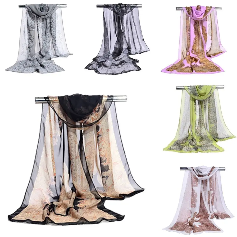 Elegant 160*50cm Chiffon Scarf Floral Sunscreen Silk Shawl Gradient Washable Beach Gauze Scarf for Women