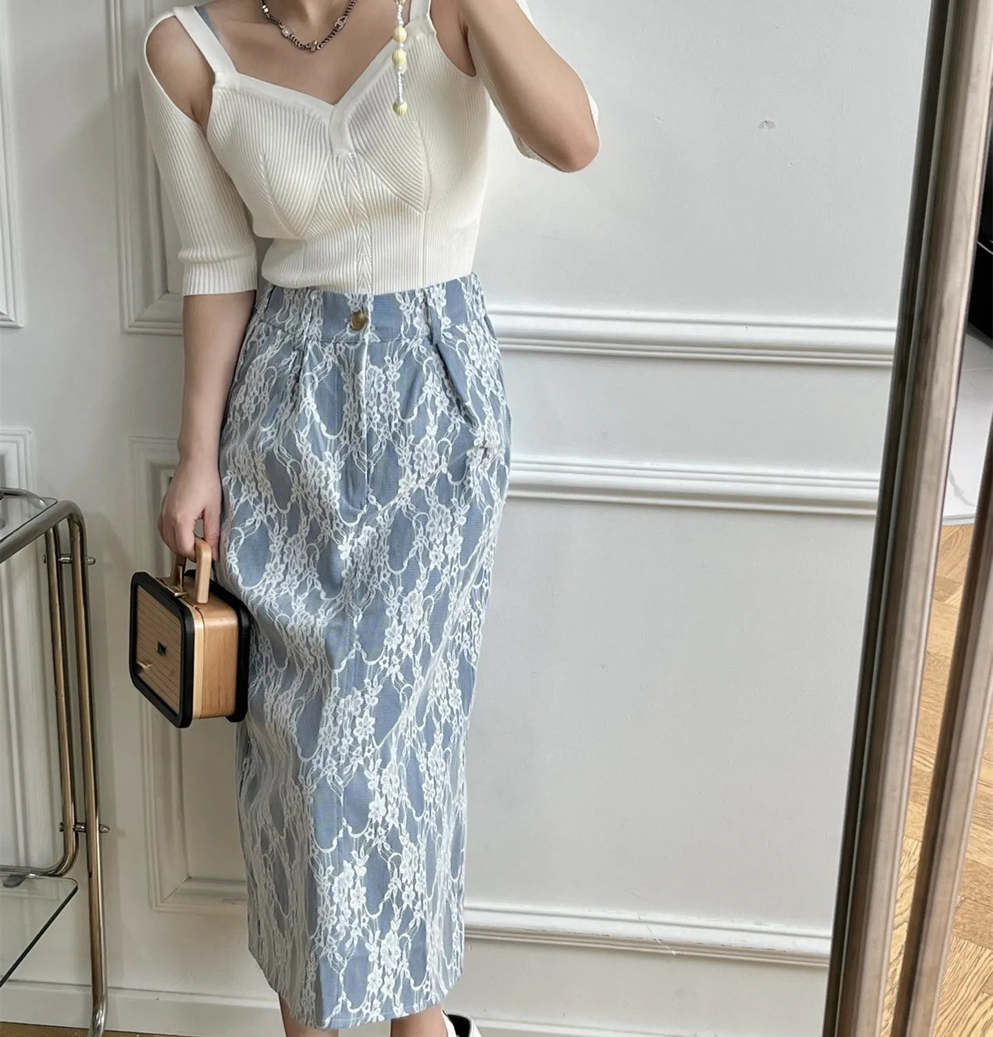 

Bud silk denim skirts in the female 2022 summer covered meat show thin long skirt of tall waist joker niche