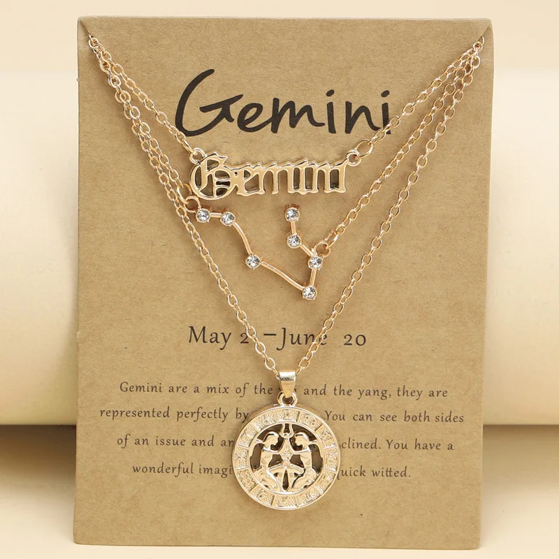 3Pcs Zodiac Sign Necklaces Set For Women 12 Constellation Letter Pendant Chain Choker Birthday Jewelry With Cardboard Card