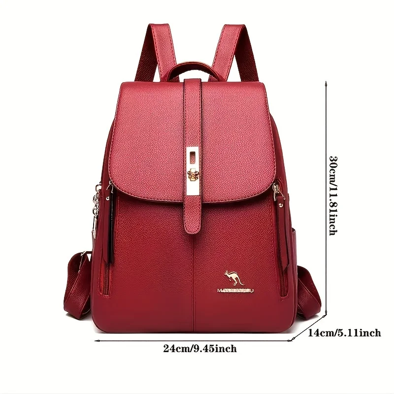 Elegant Wine Red Leather Backpack for Women, Multi-Pocket Anti-Theft Daypack with Logo, Stylish Travel & Daily Shoulder Tote Bag view 6