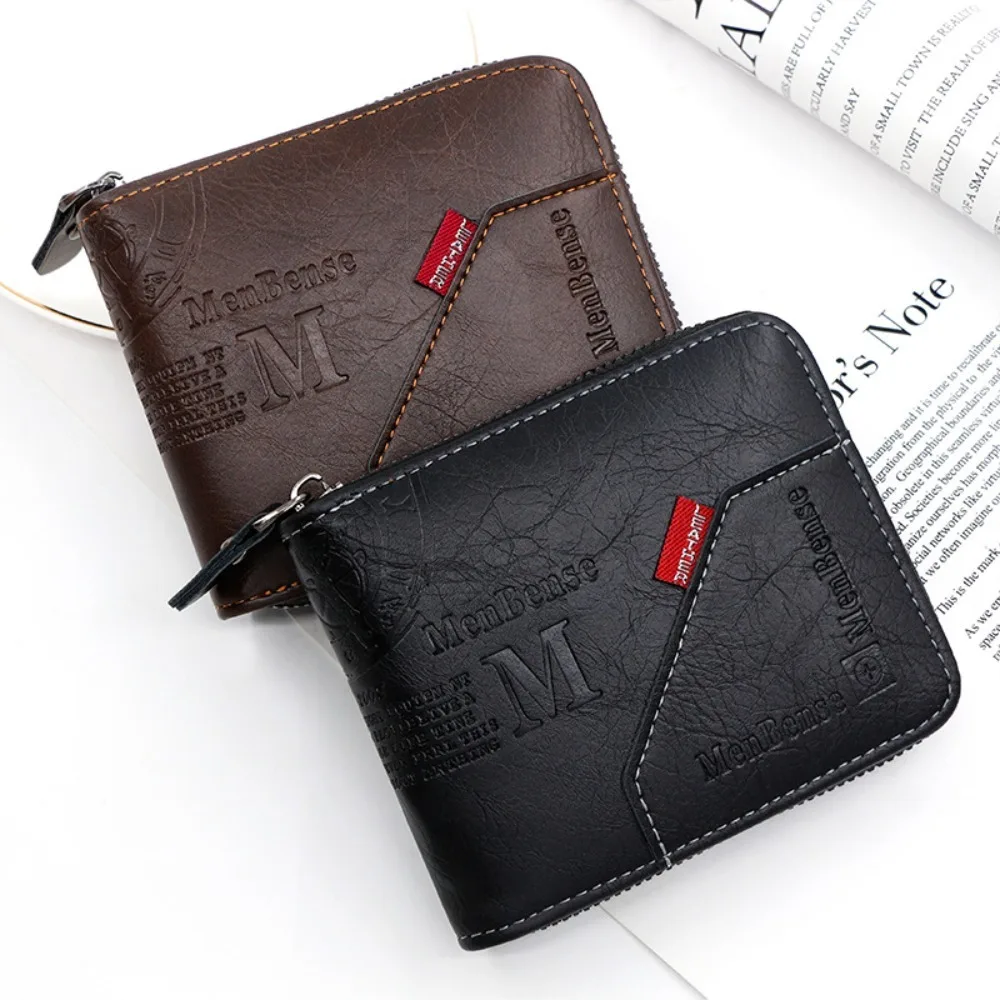 ID Window Case PU Leather Short Zipper Wallet Multi-card Retro Men's Coin Purse Waterproof Zipper Tri-fold Wallet Travel