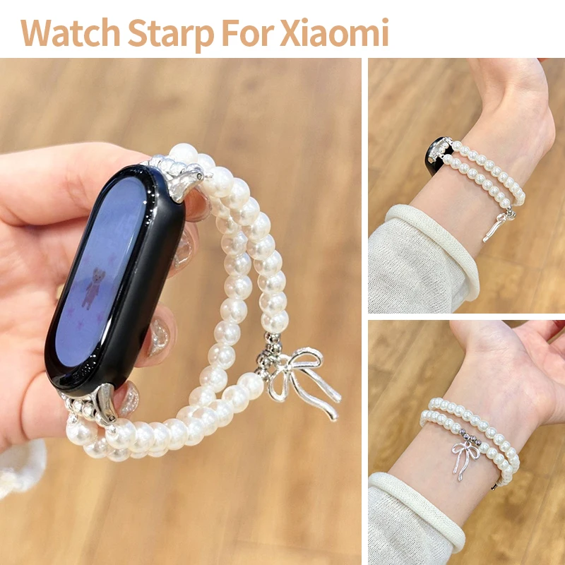 Double Layer Pearl Beaded Strap for Xiaomi Mi Band 10 9 8 Elegant Bow Charm Bracelet for Redmi Watch 6 5 4 Replacement Wristband