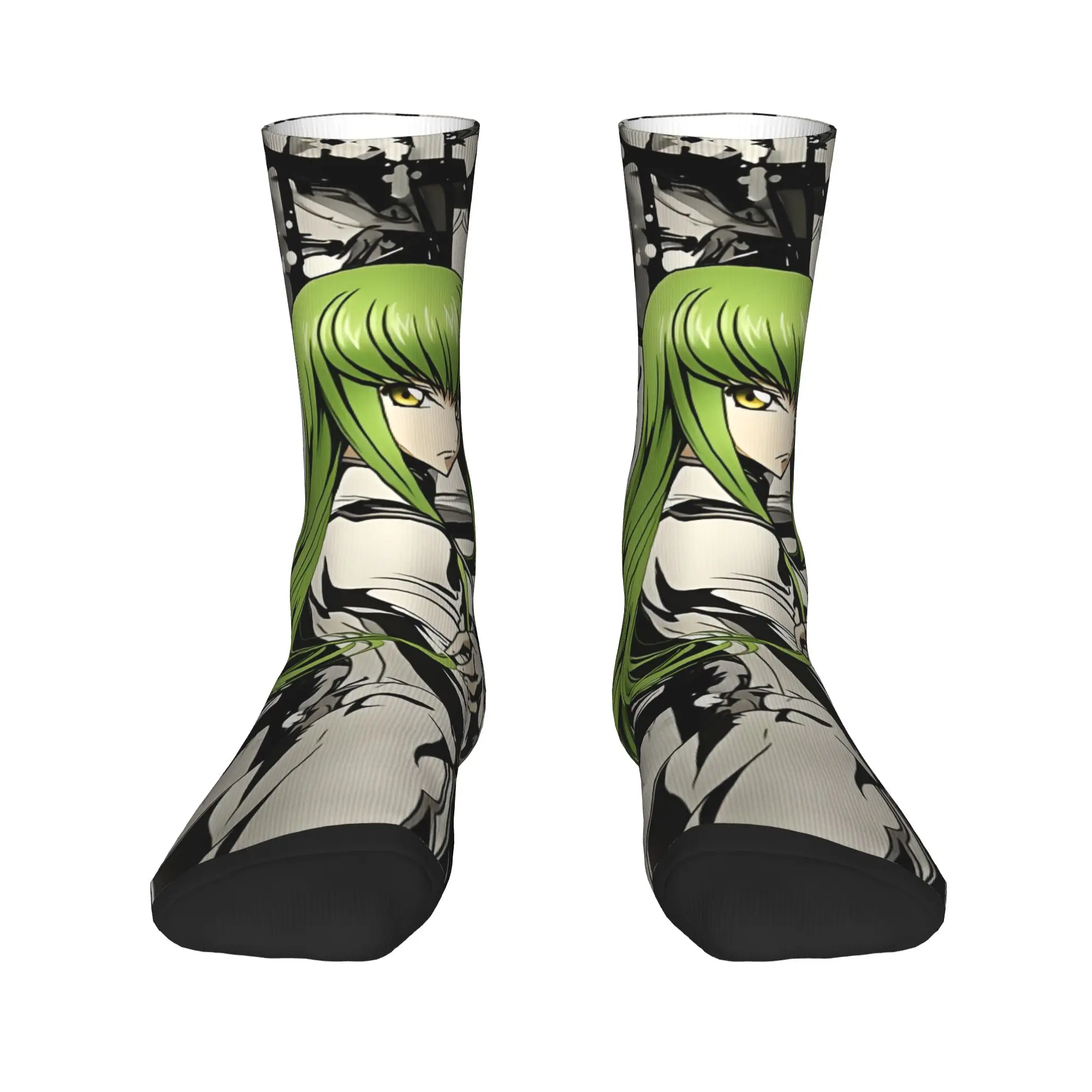 Funny Sock Bandai Code Geass Green Hair Baddie Manga Panel Vintage Seamless Pattern Printed Men Crew Socks Novelty Men's Socks