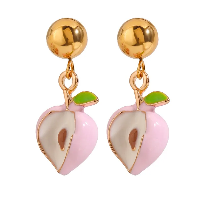 

Minar Kawail Pink Enamel Peach Simulation Fruit Beads Hanging Dangle Earrings for Women Stainless Steel 18K Gold PVD Plated