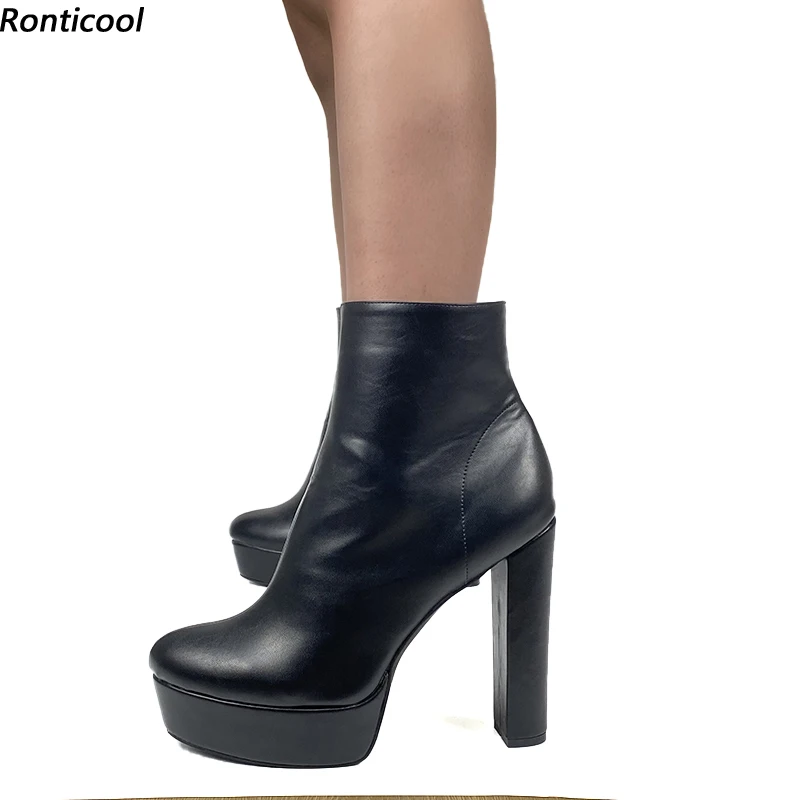 Ronticool New Fashion Women Winter Platform Men Ankle Boots Stable Block Heels Round Toe Black Casual Shoes Plus US Size 5-20