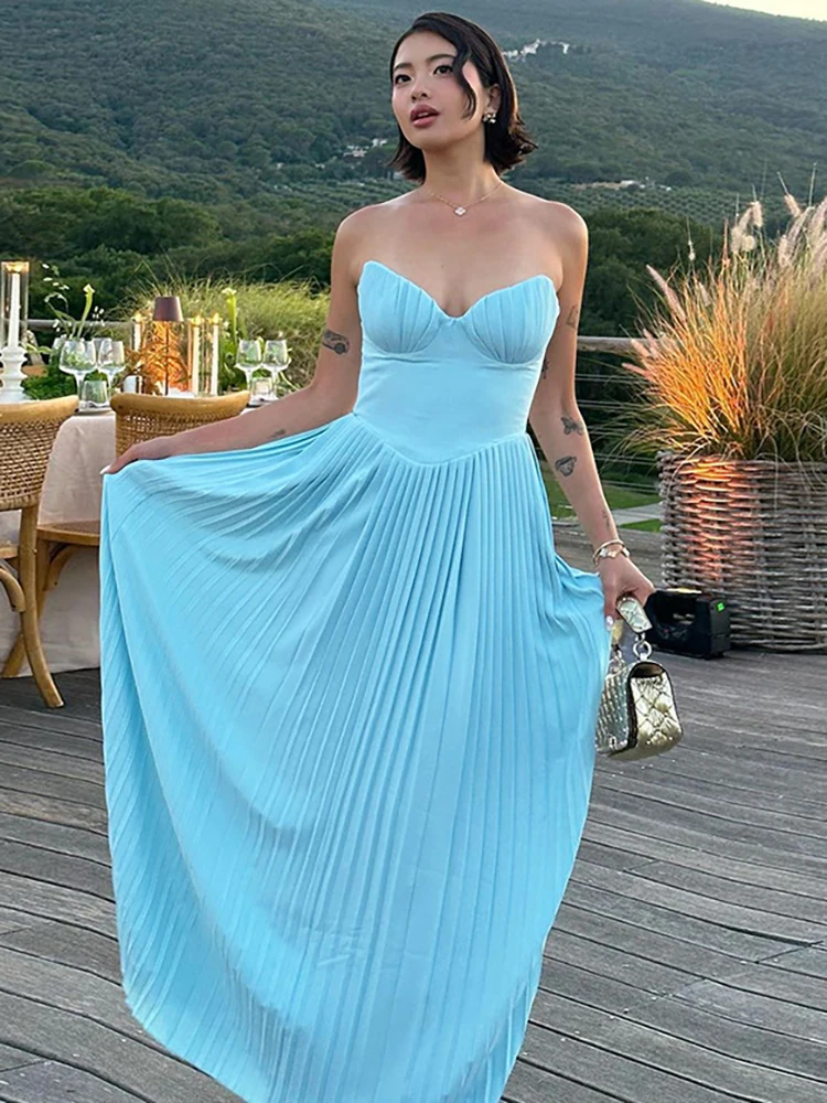 JULISSA MO Sexy Strapless Zipper Pleated Women Maxi Dress Blue Backless Evening Dress Femme Summer Skinny Elegant Party Clubwear