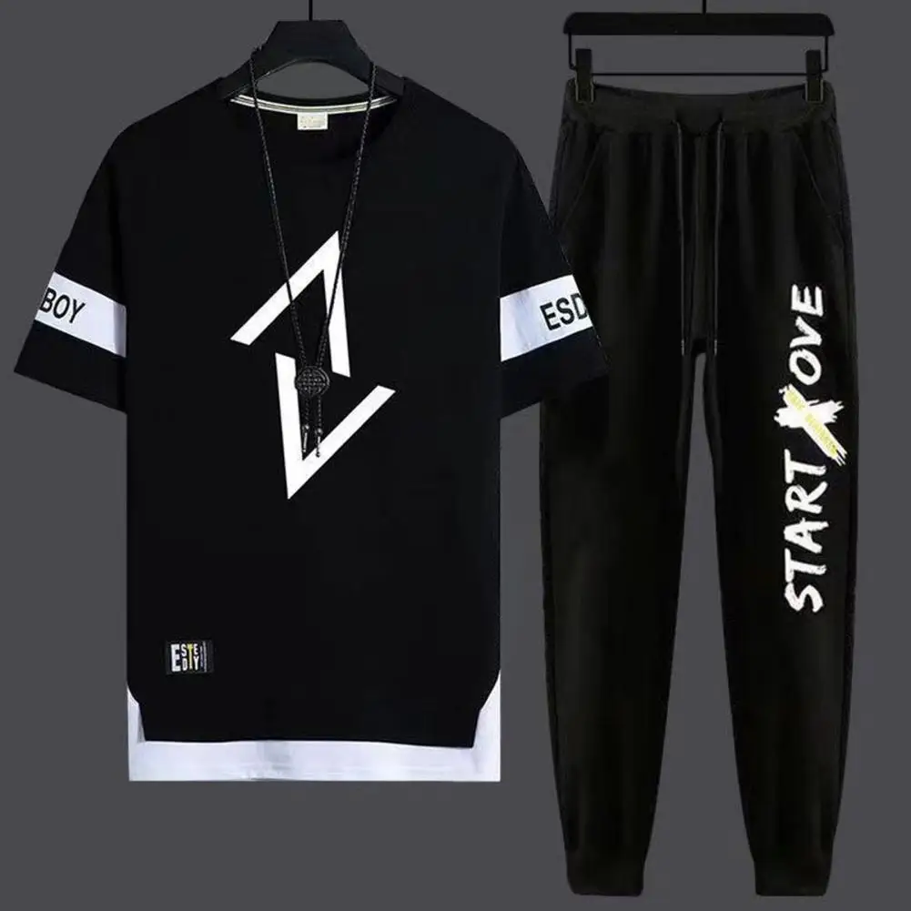 Men T-shirt Pants Set Sportswear Set Letter Printing O-neck Short Sleeve T-shirt Quick Drying Drawstring Waist Sweatpants Set