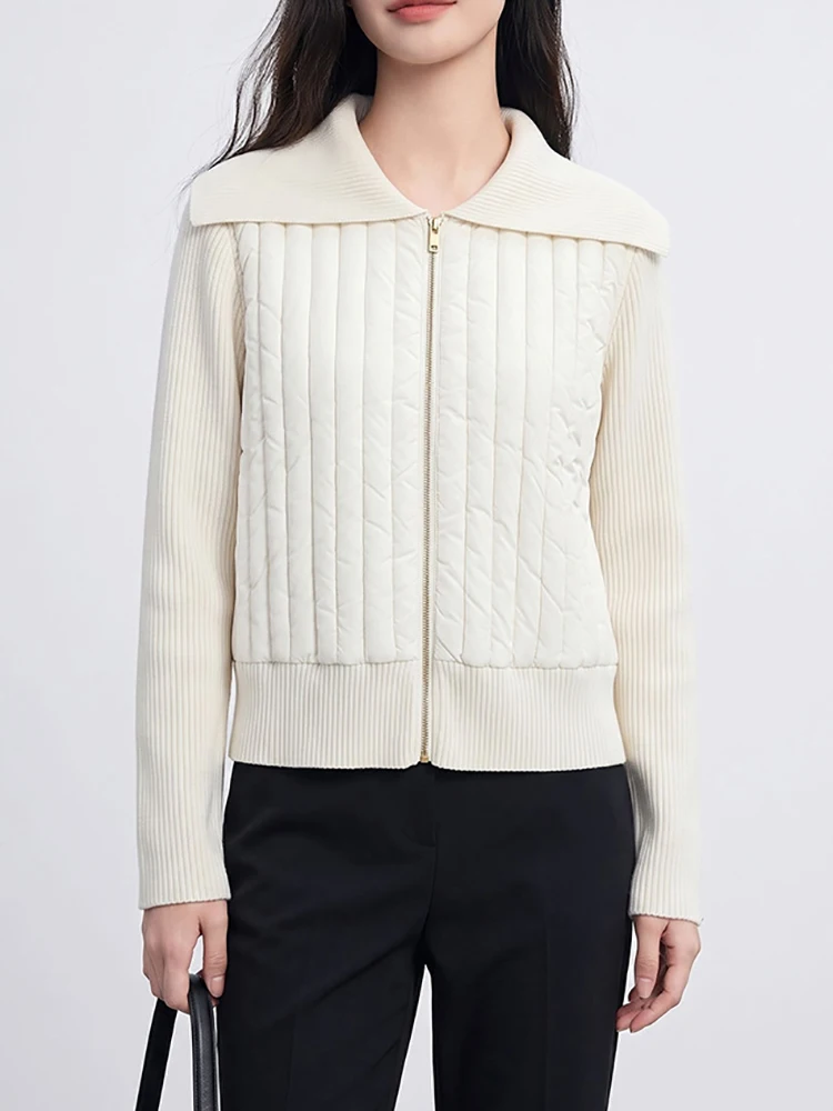 Knitted patchwork down jacket, 2026 autumn-winter new style wide collar knitted patchwork white goose down-filled women's coat
