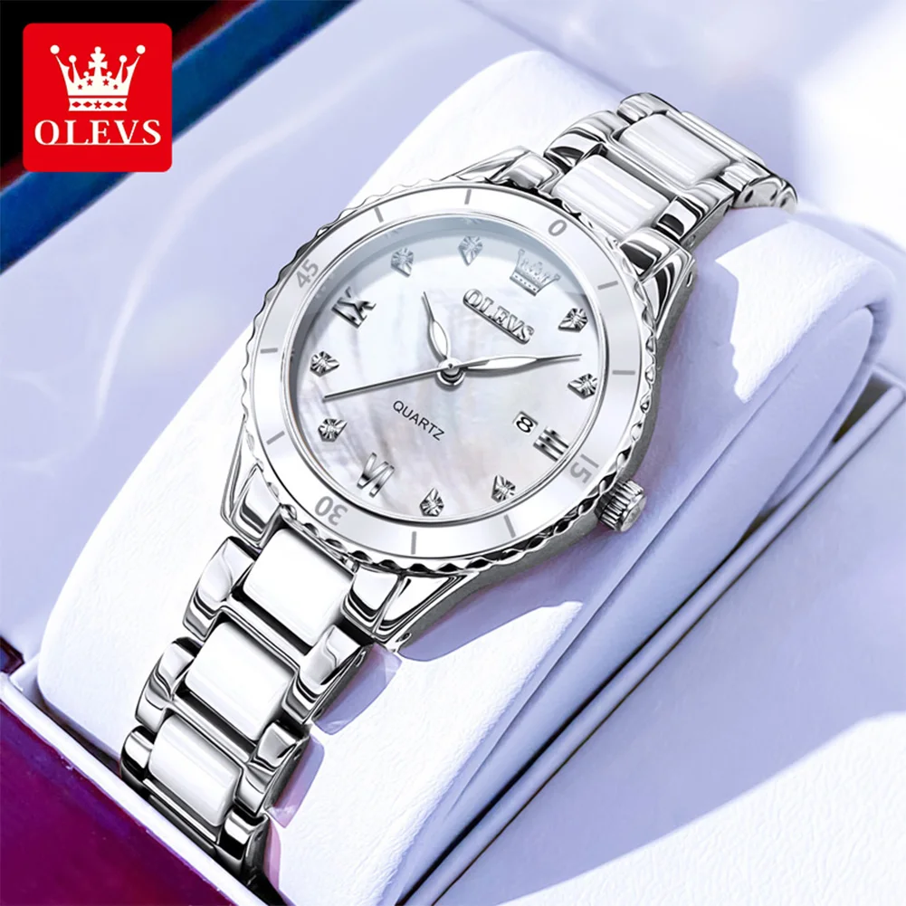 OLEVS 9985 Elegance Women Original Quartz Movement Watch Ceramic Steel Calendar Window Diamond Luminous Waterproof Watch