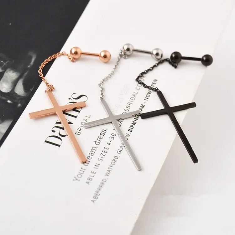 

Fashion Women Long Cross Earrings Color Rose Black Titanium Round Ball Barbel Big Cross Drop Earrings Brincos Jewelry