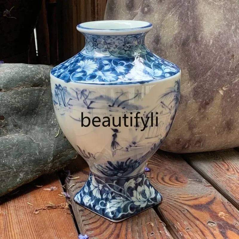 GG Nanhai Story Series Flower Vase Blue and White High Foot Vase Antique Ceramic Decorative Ornament