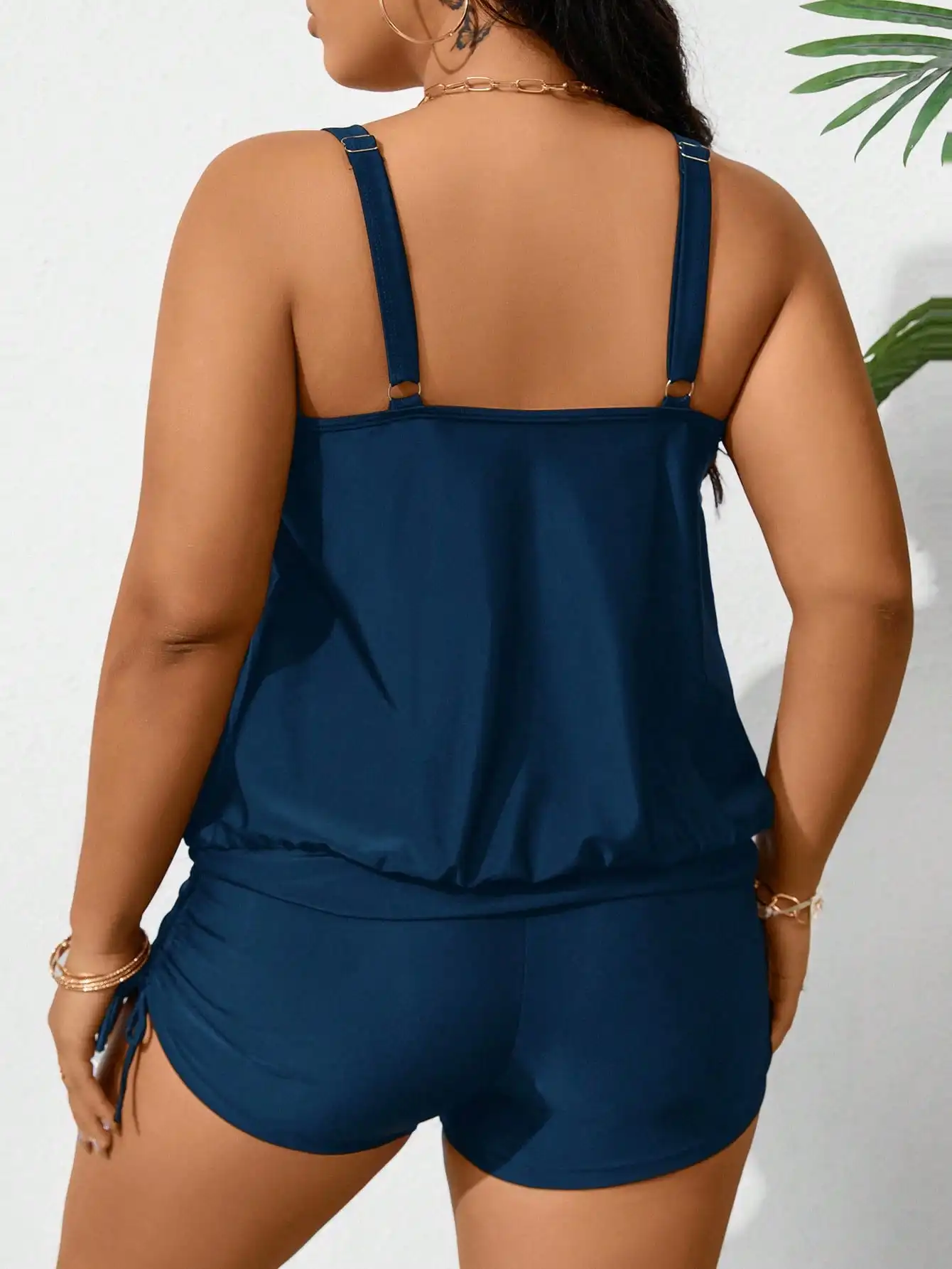 Plus Size Women Solid Color Round Neck Drawstring Ruched Tankini Swimsuit Set