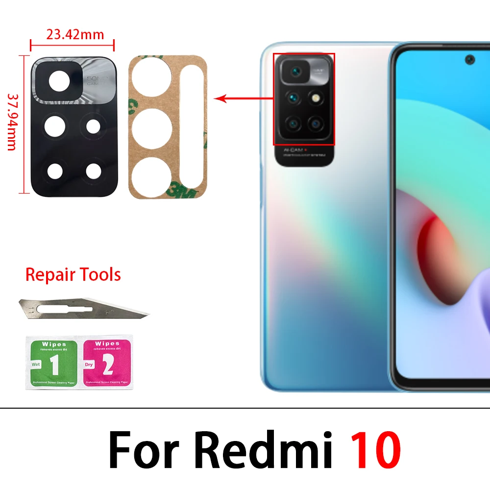 Couvercle d\'objectif en verre de caméra arrière avec autocollant de colle, pour Xiaomi Redmi 12C, 10A, 10C, 10, 9T, 9A, 9C, 9, 8A, 8, 7, 7A