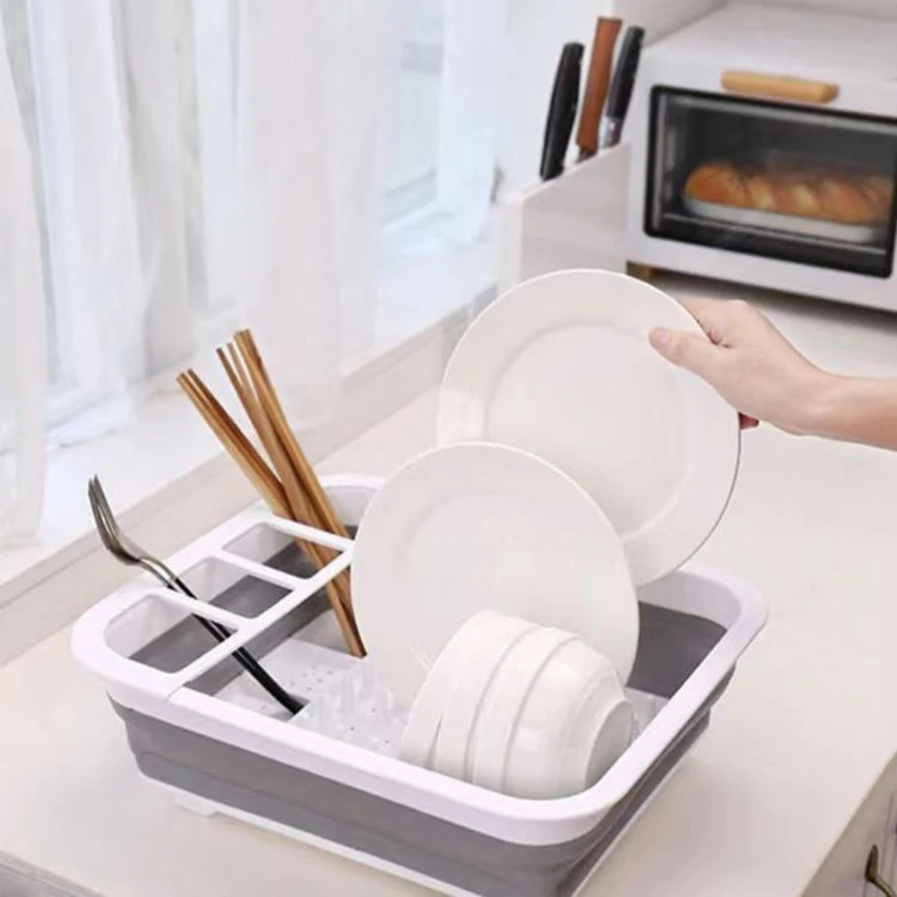 Foldable Tableware Dish Rack,Silicone Dish Drying Stand,Multi-Functional Space-Saving Dish Drainer With Utensil Holder