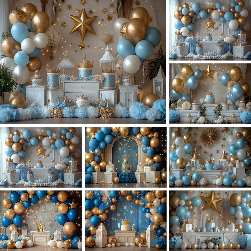 

WPFSGE Photography Background Wall Girl Birthday Party Decor Blue and Gold Balloon Crown Child Birthday Portrait Photo Backdrops