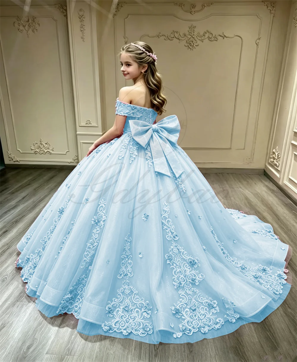 Light Blue Kid Off Shoulder Fluffy Flower Girl Dress for Wedding Appliqued Tulle Pageant Customized Birthday Party Ball Gown