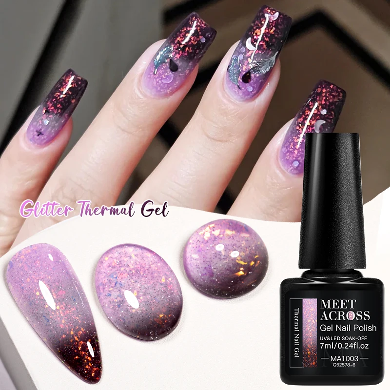 Auroras Glitter Purple Thermal Gel Nail Polish 3 Layers Temperature Color Changing Semi Permanant Soak Off UV Gel Varnish Nails