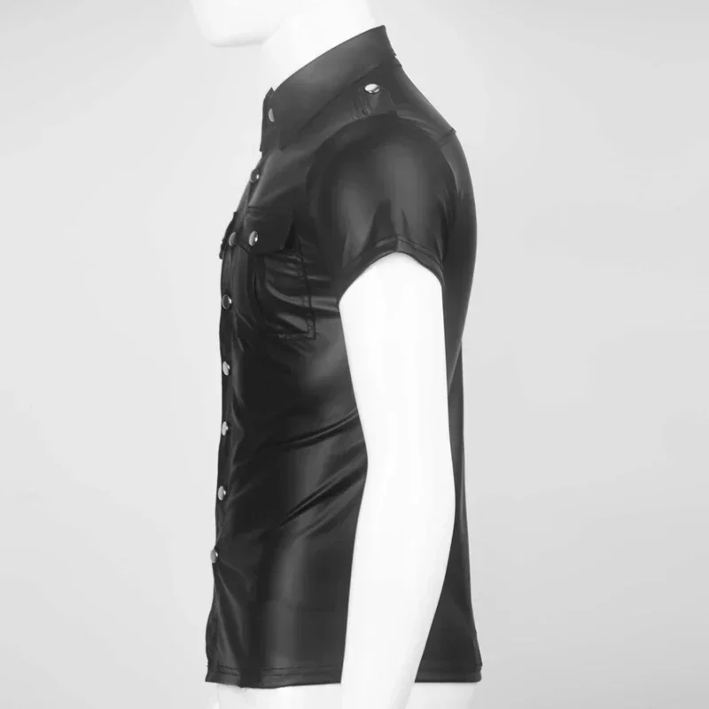 Plus Size Mens Shiny Leather T-shirt Glossy PVC Leather Short Sleeve Tees Male Turn-down Collar Shaping Latex Casual Tops Sexi