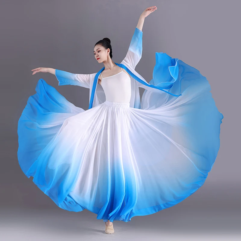 Chinese Style Gradient Dance Dress Women Classical Dance Costume Half Skirts 360 Degree Gauze Chiffon Elegant Performance Dress