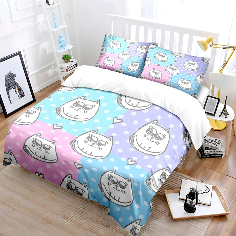 Cartoon cat colorful background hearts Print Bedding Set 1 Duvet Cover 2 Pillowcases for Adult Children Luxury Gift Full Size
