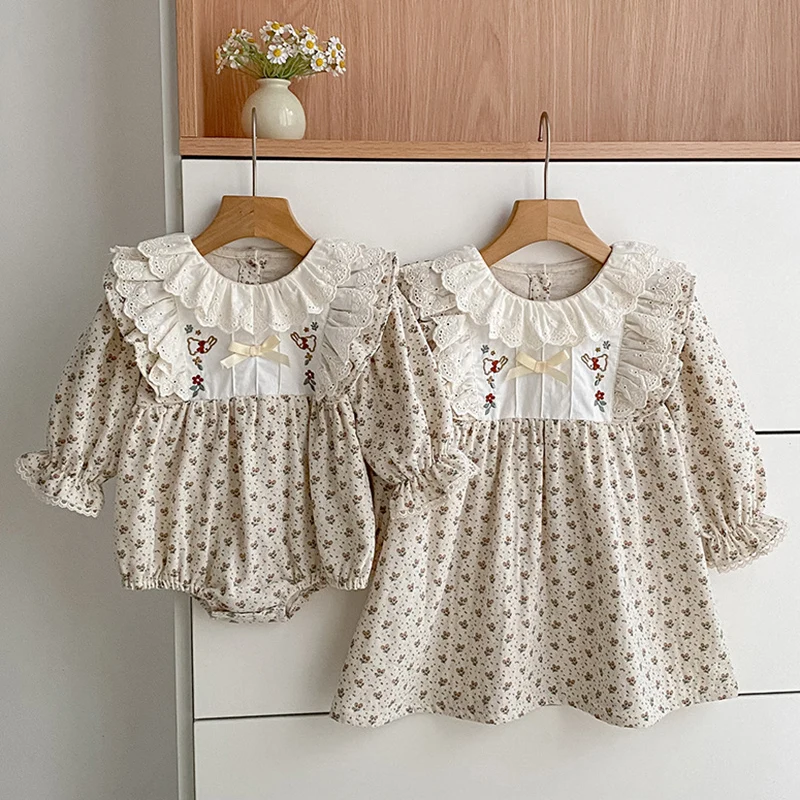 2026 New Spring Sister Dress 2-6Yrs Girl Party Dress Long Sleeved Cotton Printed Splicing Kids Princess Dresses Baby Girl Romper