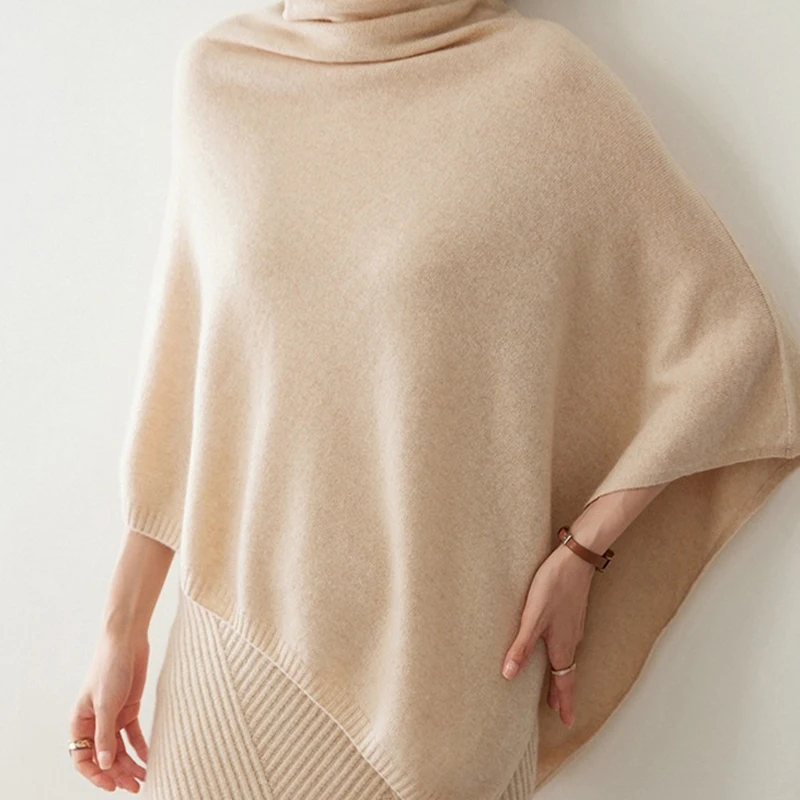 

100%Wool Turtleneck Pullover Cloak For Women Spring Soft Warm Knitted Bat Sleeve Irregular Poncho Lady Korea Fashion Pashmina