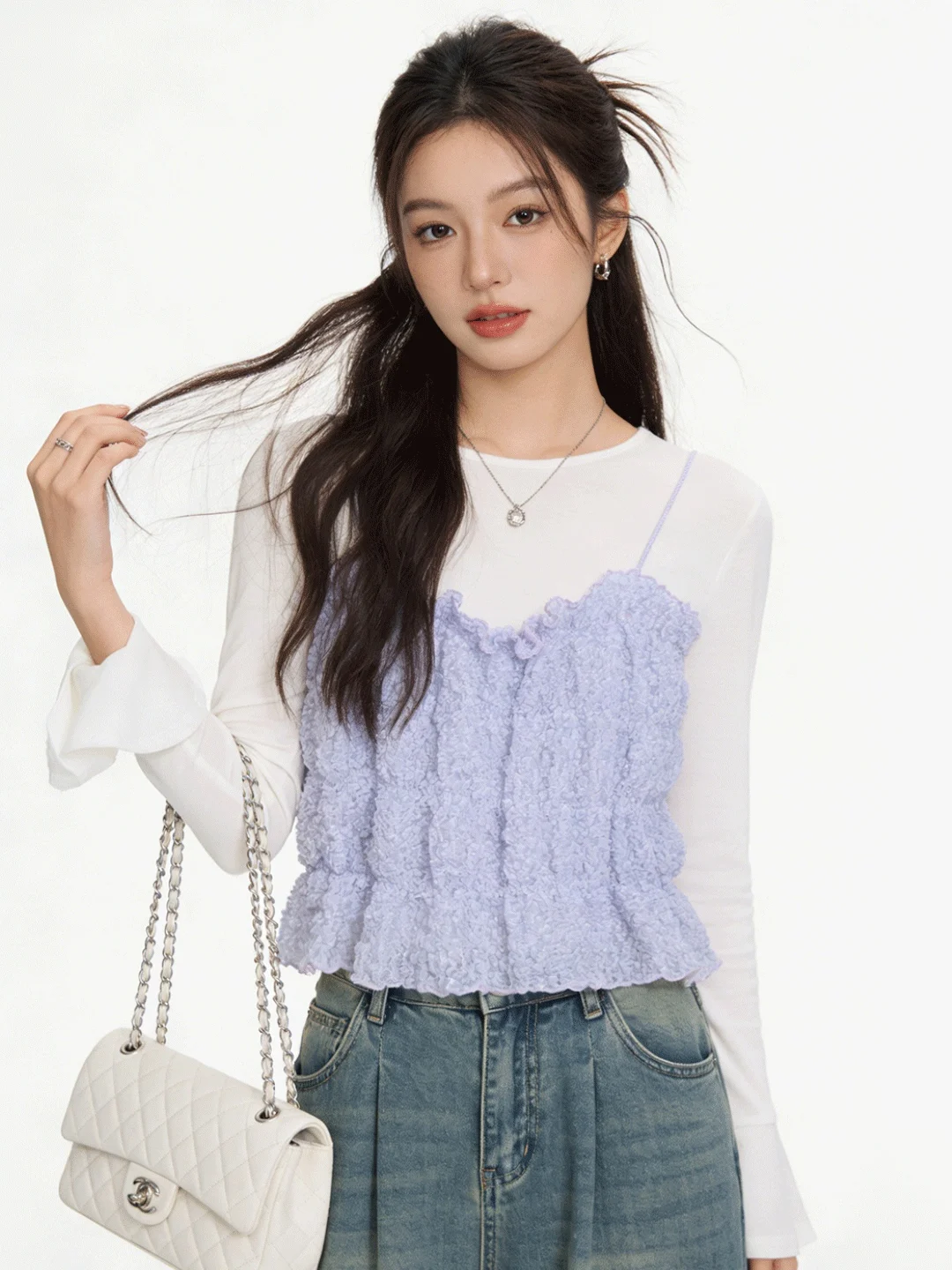 

Korean Sle Gentle Wind Bell Sve Top Early Spring Design Sensual Pleated Strap Vest Two Piece Set Faionable Overlap Wear