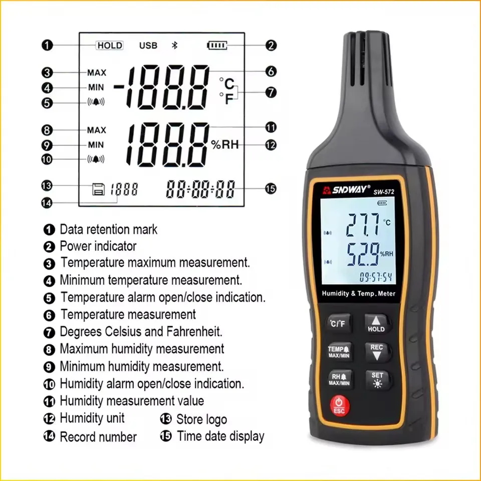 SNDWAY Digital Thermometer SW-572 High Precision Humidity & Temperature Sensor Meter Backlight Data Storage Thermo-Hygrometer